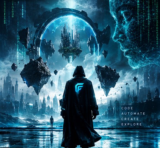 A hooded figure with a glowing F on its back looks at floating islands and a city in a ring of light