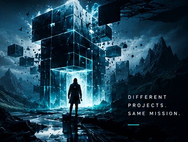A lone figure at the door of a glowing tower of glass cubes, under the words: different projects, same mission