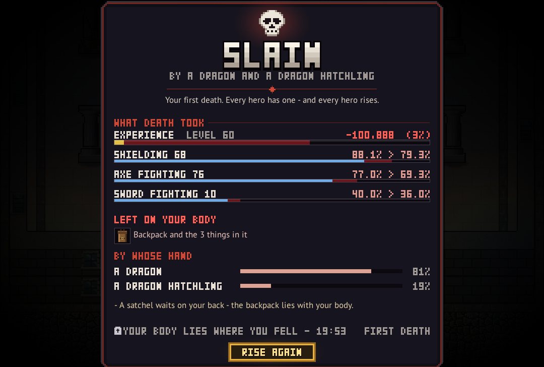 The death screen: slain by a dragon, the experience and skills it took, what lies on the body and whose blows did it