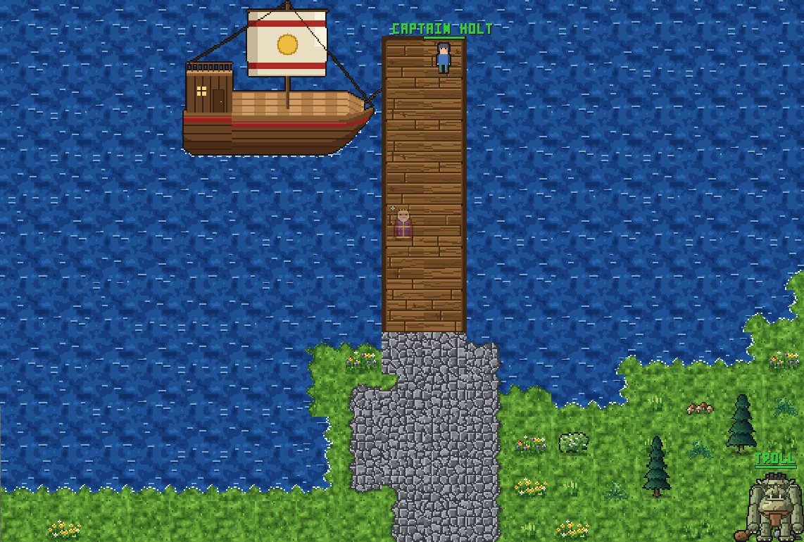 A ship moored at a wooden pier, a captain waiting at its end and a troll on the shore