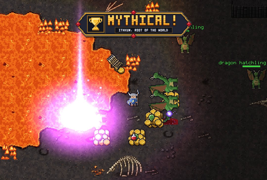 A pillar of violet light rising from a mythical treasure dropped by a dragon beside a lava lake, a MYTHICAL banner above