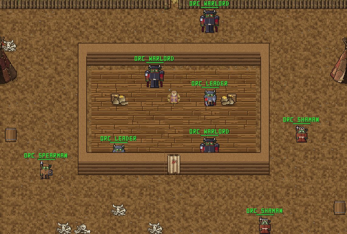 Orc warlords, leaders, shamans and a spearman around a wooden hall in a dirt camp