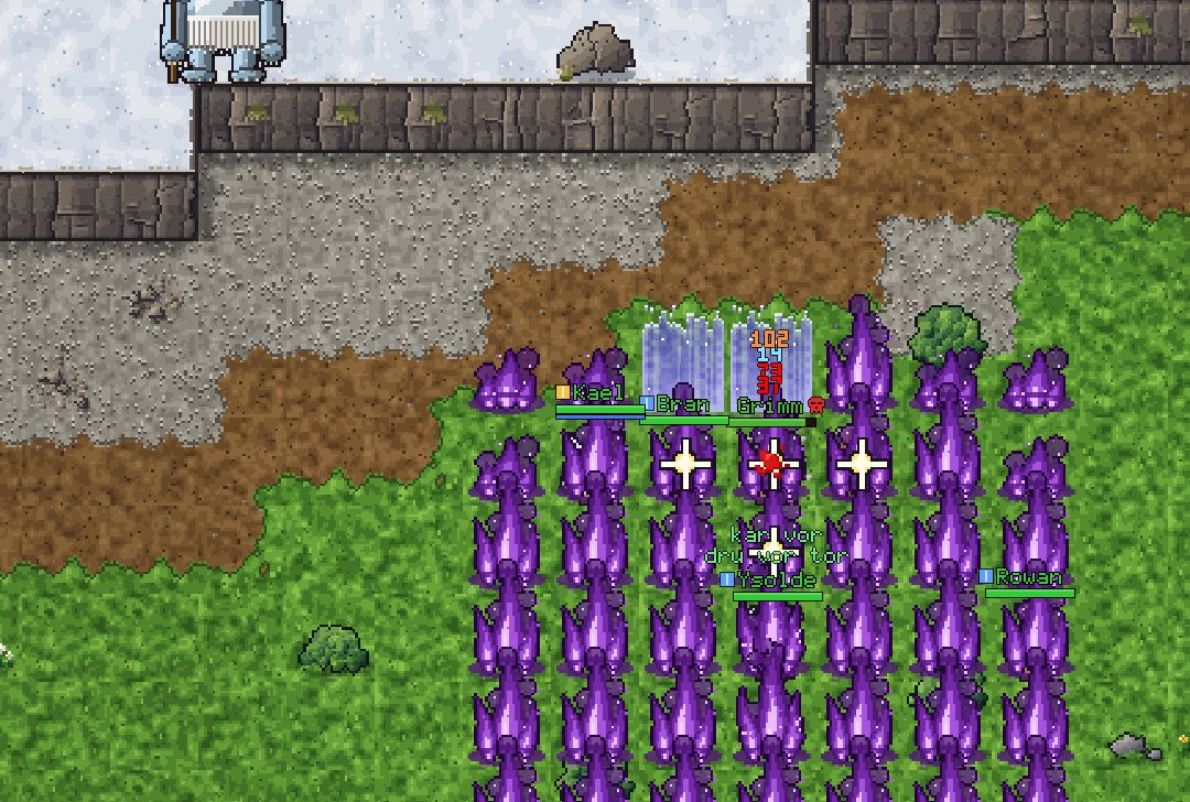 A party of four traps a red-skulled warrior between magic walls and a barrel while violet fire bursts all round them