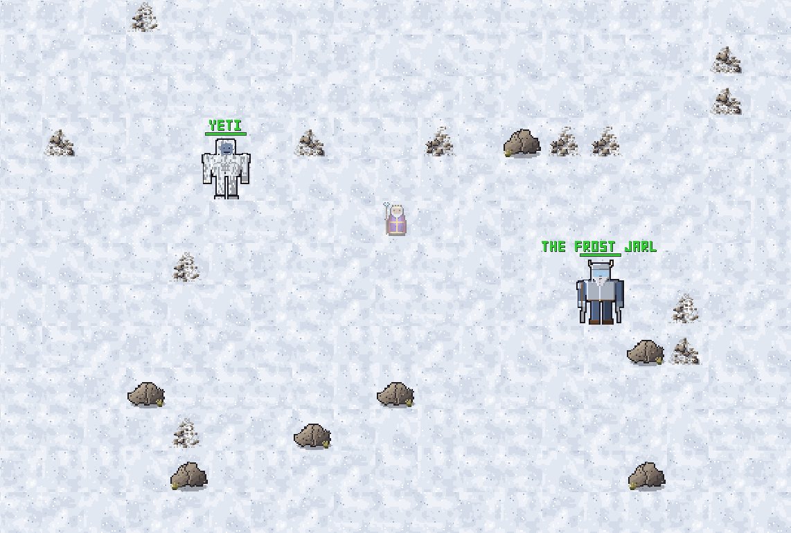 A snowy mountain top with rocks, a yeti and the frost jarl