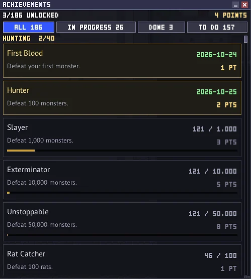 The ACHIEVEMENTS window: First Blood and Hunter unlocked, the next ones with their progress bars