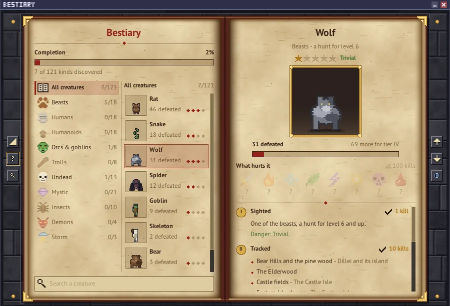 The bestiary book: categories and creatures on the left page, the wolf on the right with its portrait, kills and what each tier tells