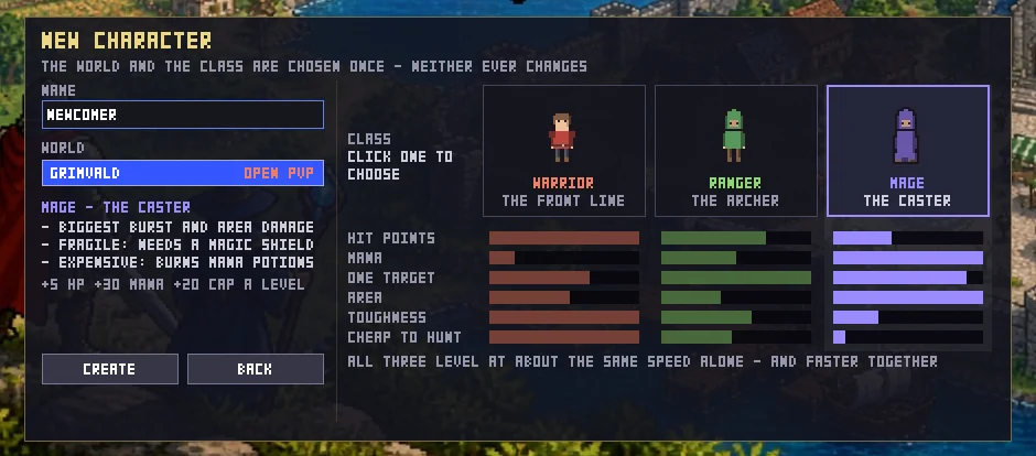 The new character screen: a name, the world, and the warrior, the ranger and the mage side by side with bars for hit points, mana, damage, toughness and cost