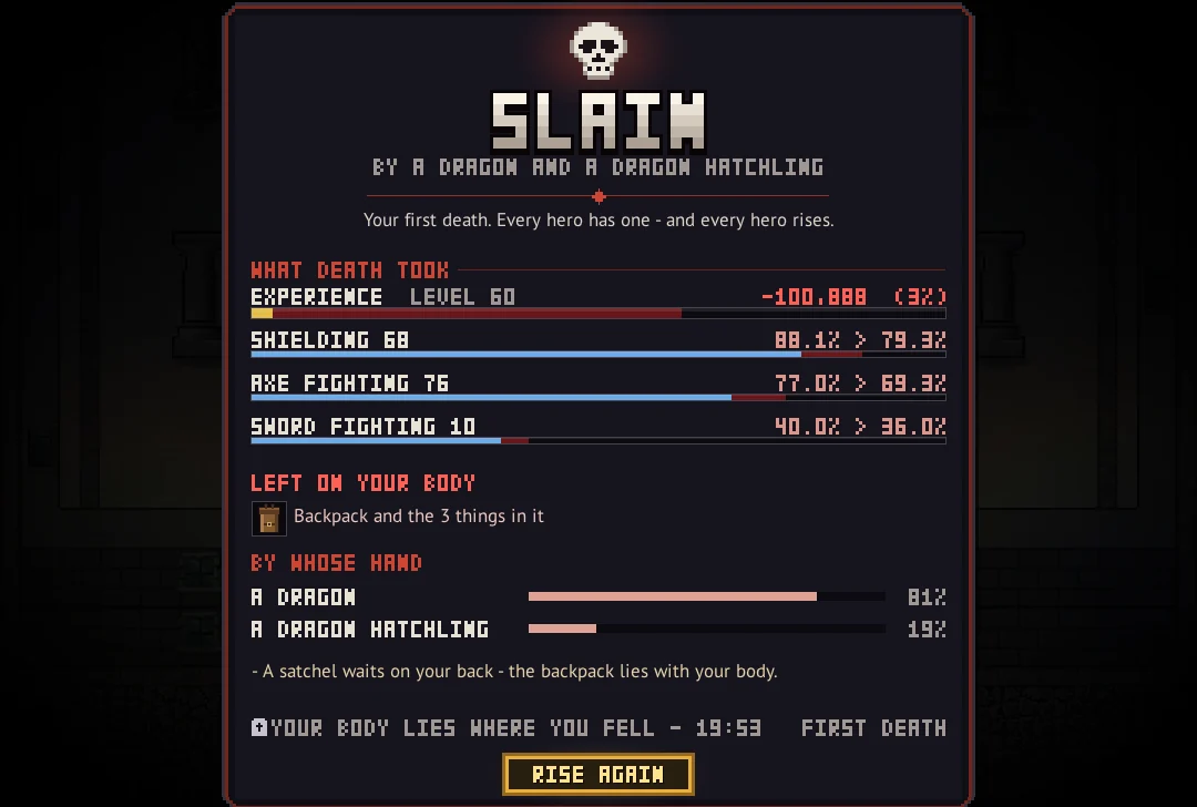 The death screen: slain by a dragon and a dragon hatchling, the experience and skills it took, the backpack left on the body and whose blows did it