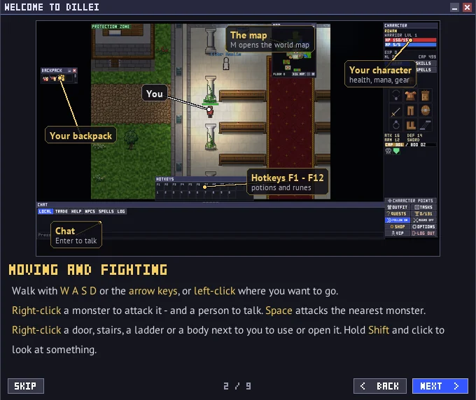 The in-game guide, page 2 of 9: moving and fighting, with a picture of the screen