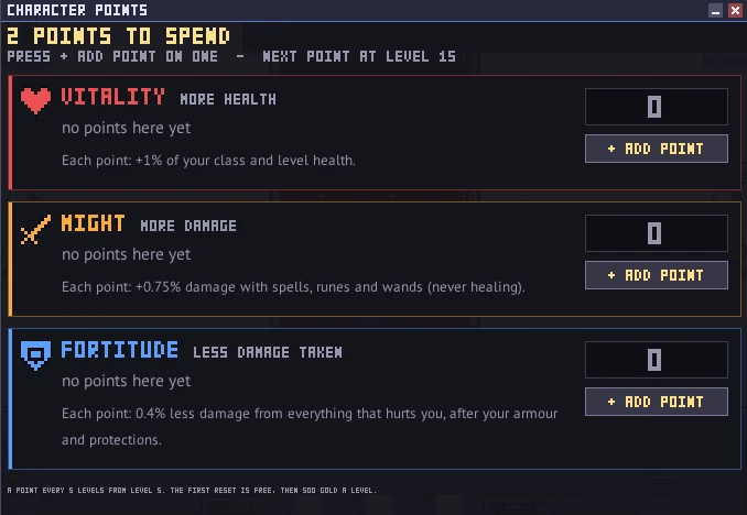 The character points window: two points to spend on vitality, might or fortitude
