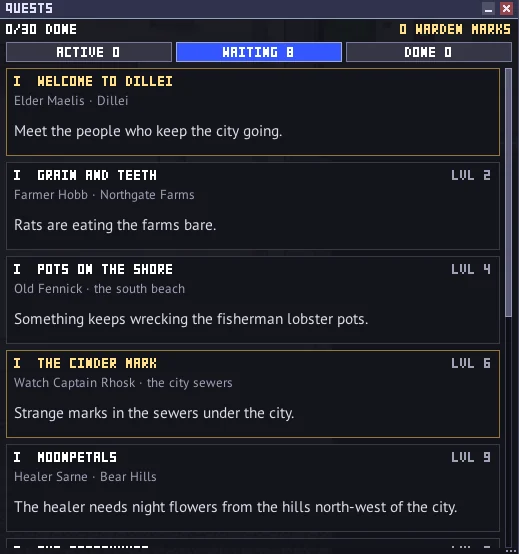 The QUESTS window: quests waiting with who gives them, where and from what level