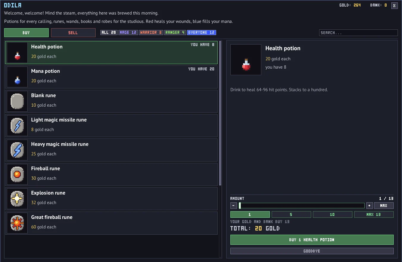 The trade window of the alchemist: health and mana potions, runes, the amount and the BUY button