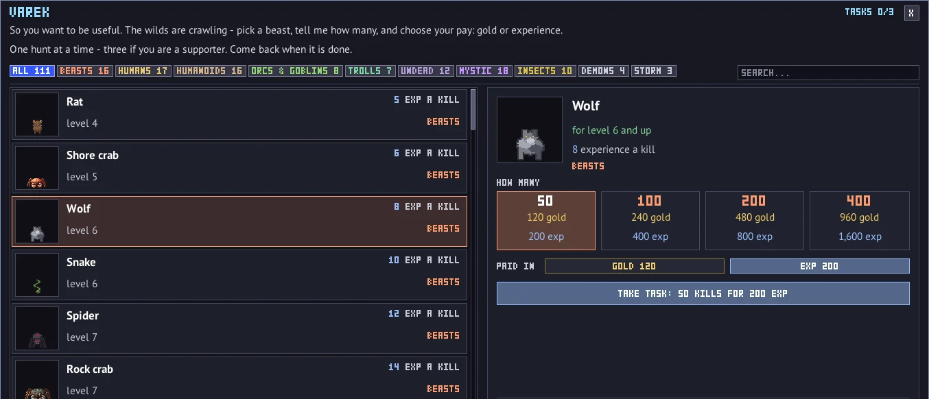 The task master window: monsters by level with their experience, wolves picked, 50 to 400 kills and the gold or experience each pays